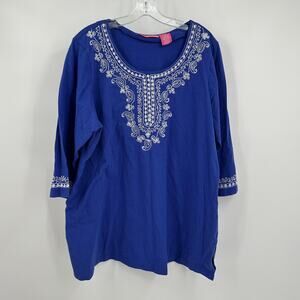 Woman Within Womens Embroidered Pullover Top Size 1X Blue White Boho Paisley